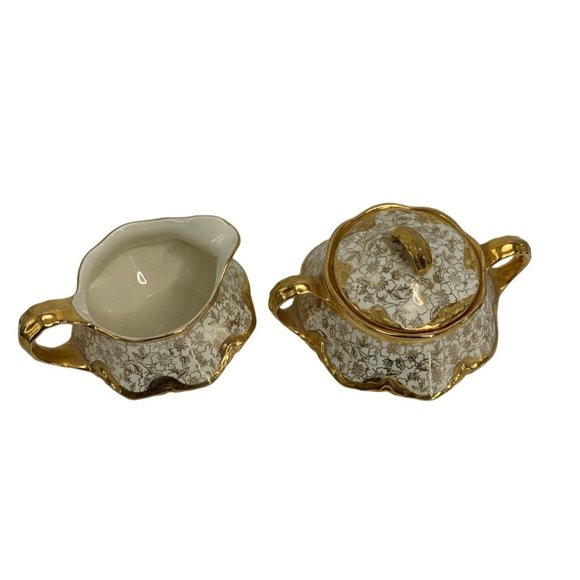 Karol China Homer Laughlin Gold Cream Sugar Set Rythym VTG USA 6569 Karolyte - Picture 3 of 10